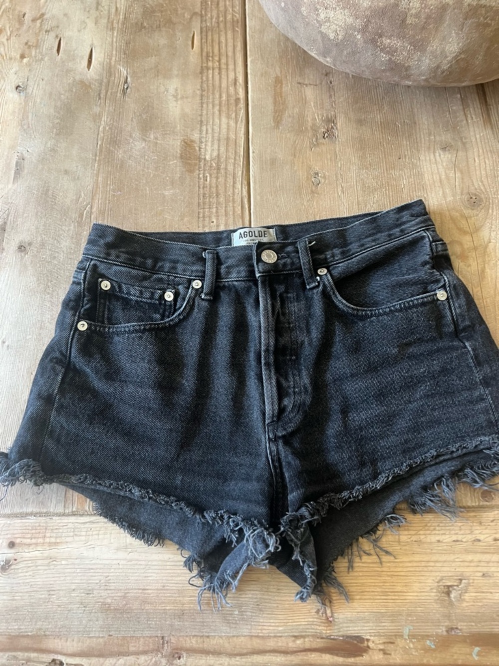 Agolde Black High-Rise Frayed Hem Jean Shorts